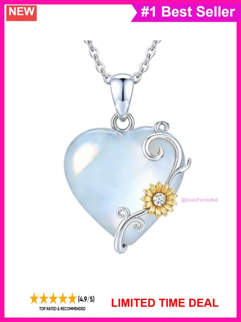925 Sterling Silver Moonstone Heart Pendant Necklace, 14K White Gold Plated,